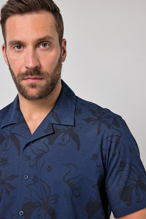 Chemise JP 1880 en lin mélangé, imprimé all-over, manches courtes et col cubain, coupe Cuba Fit - jusqu'au 8 XL