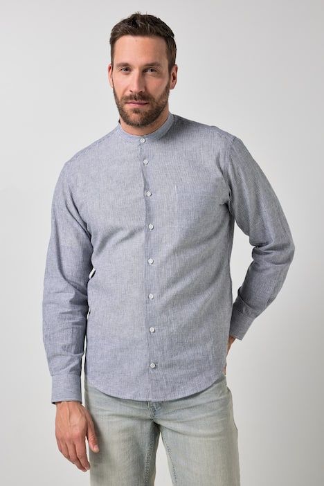 Chemise à rayures JP 1880 en lin mélangé, manches longues et col officier, coupe Modern Fit - jusqu'au 8 XL