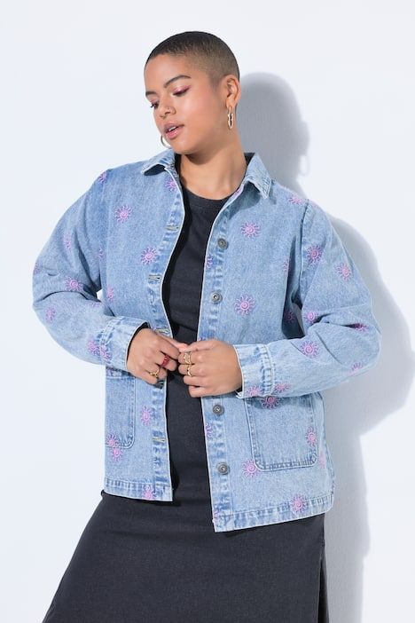 Veste en jean à manches longue, broderie Sun, coupe Boxy Fit