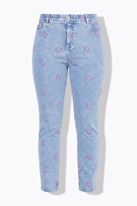 Jean Mom en denim stretch, 5 poches, broderie SUN en all-over