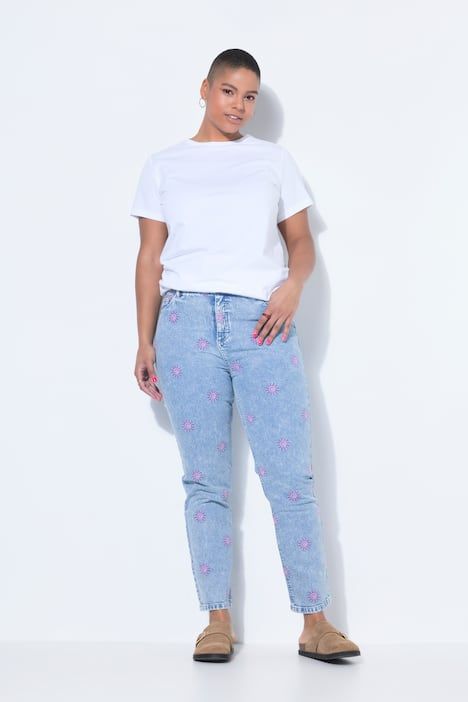 Jean Mom en denim stretch, 5 poches, broderie SUN en all-over