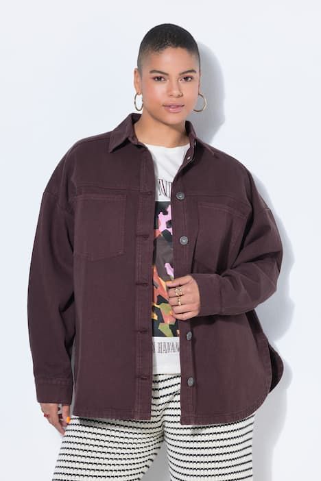 Chemisier en denim enduit, coupe oversize et manches longues