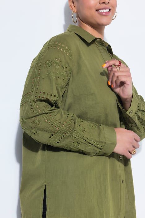 Chemisier droit à manches longues, broderies, coupe Staight Fit