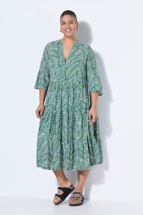 Robe maxi, imprimé feuilles, décolleté en V et volants