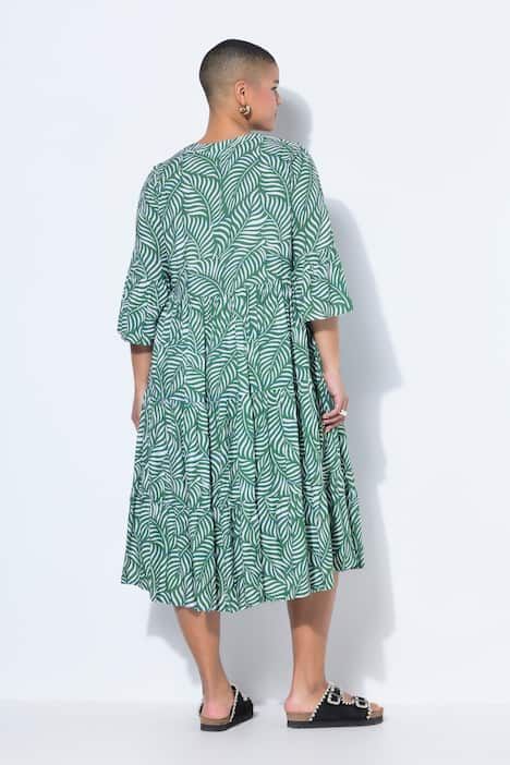 Robe maxi, imprimé feuilles, décolleté en V et volants