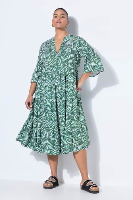 Robe maxi, imprimé feuilles, décolleté en V et volants