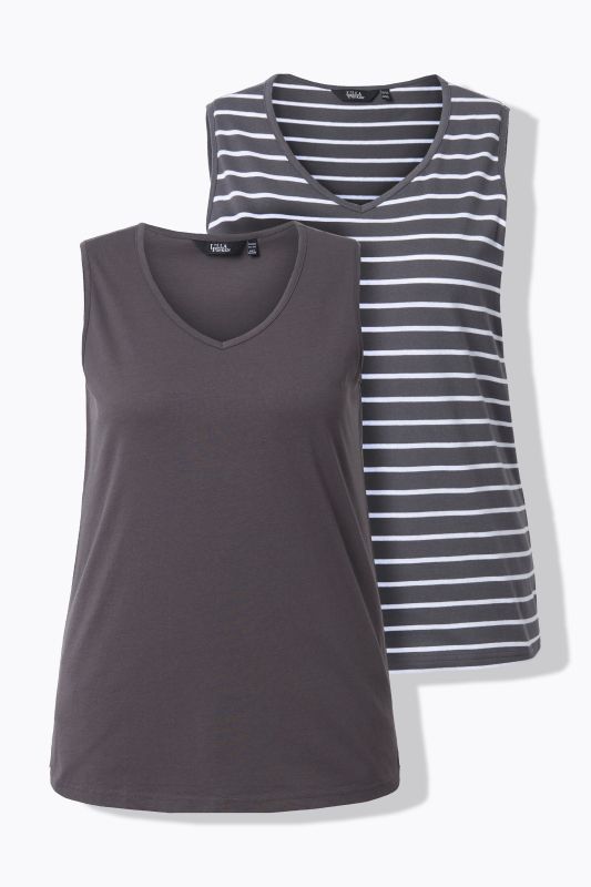 Débardeurs en lot de 2, rayures/uni. Col V, sans manches