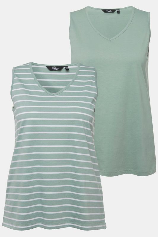 Débardeurs en lot de 2, rayures/uni. Col V, sans manches