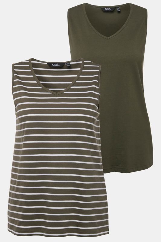 Débardeurs en lot de 2, rayures/uni. Col V, sans manches