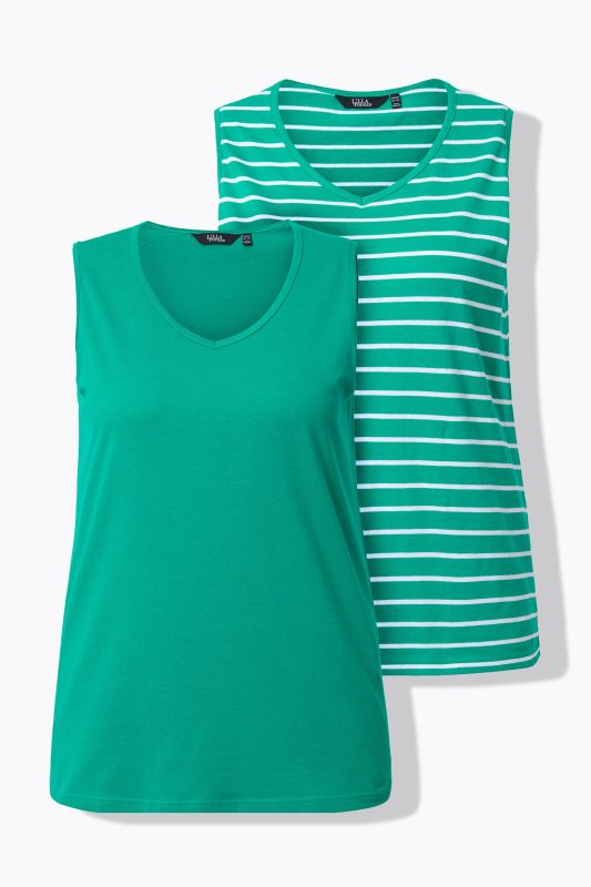 Débardeurs en lot de 2, rayures/uni. Col V, sans manches