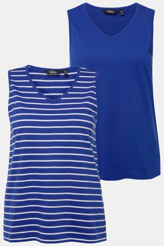 Débardeurs en lot de 2, rayures/uni. Col V, sans manches