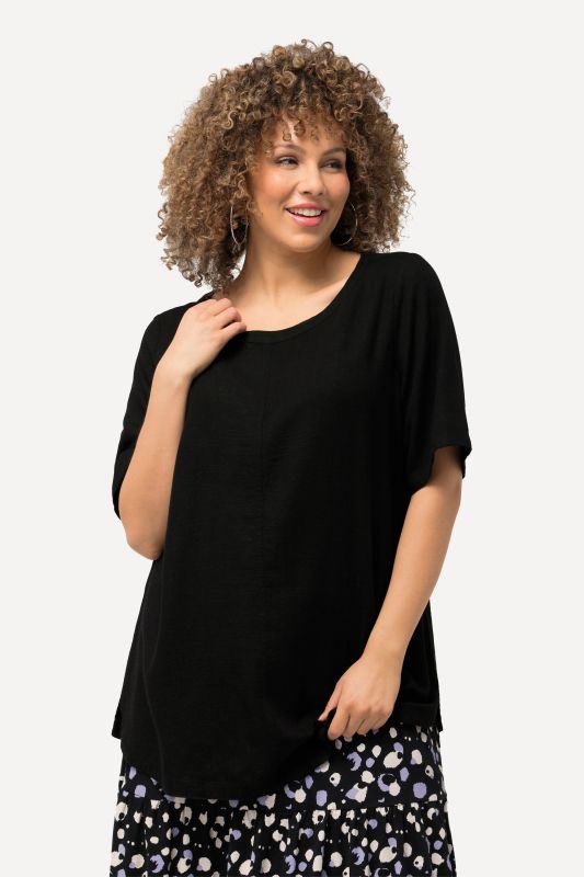 Blouse coupe évasée en lin mélangé, encolure ronde et manches courtes