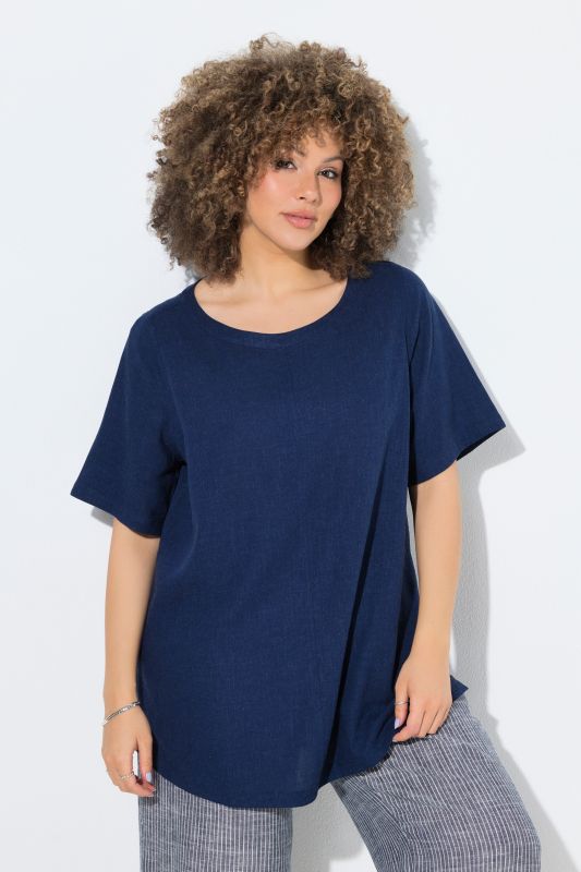 Blouse coupe évasée en lin mélangé, encolure ronde et manches courtes