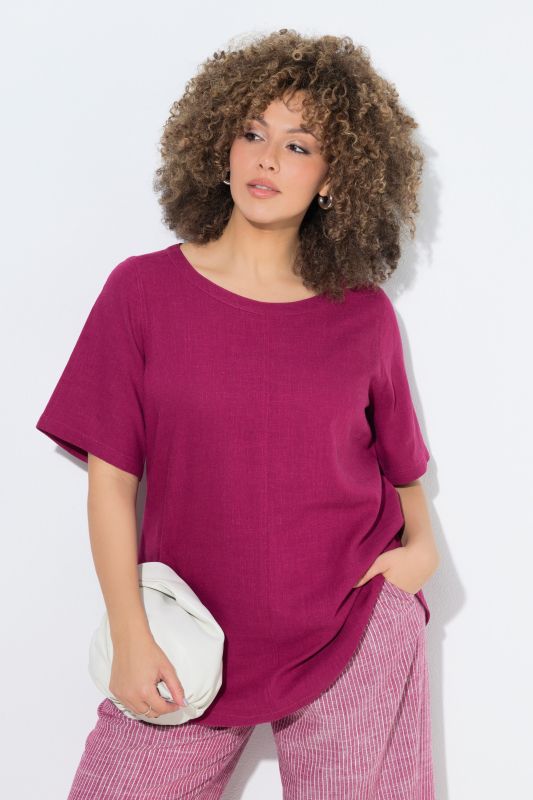 Blouse coupe évasée en lin mélangé, encolure ronde et manches courtes