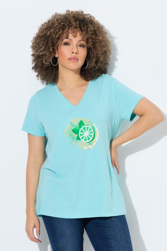 T-shirt, motif citrons. Manches courtes, encolure V. Coupe évasée