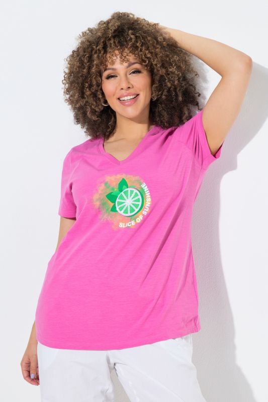 T-shirt, motif citrons. Manches courtes, encolure V. Coupe évasée