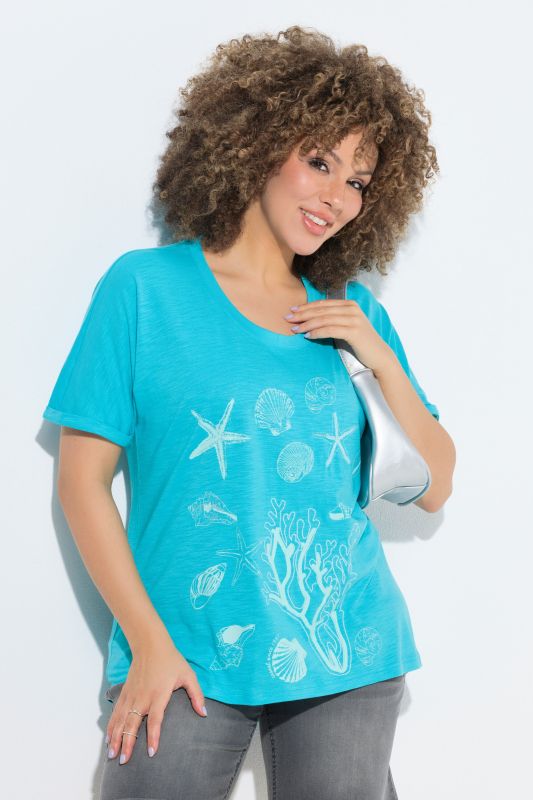 T-shirt oversize, motif coraux et coquillages, décolleté rond et manches courtes