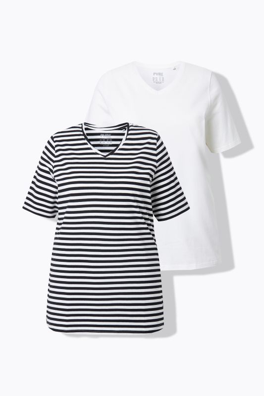 Lot de 2 T-shirts, rayures/uni, décolleté en V et manches courtes