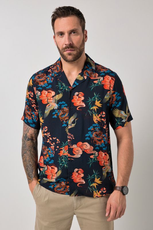 Chemise JP1880 dans un imprimé all-over, manches courtes et col cubain, coupe Cuba-Fit « flottante » - jusqu'au 8 XL