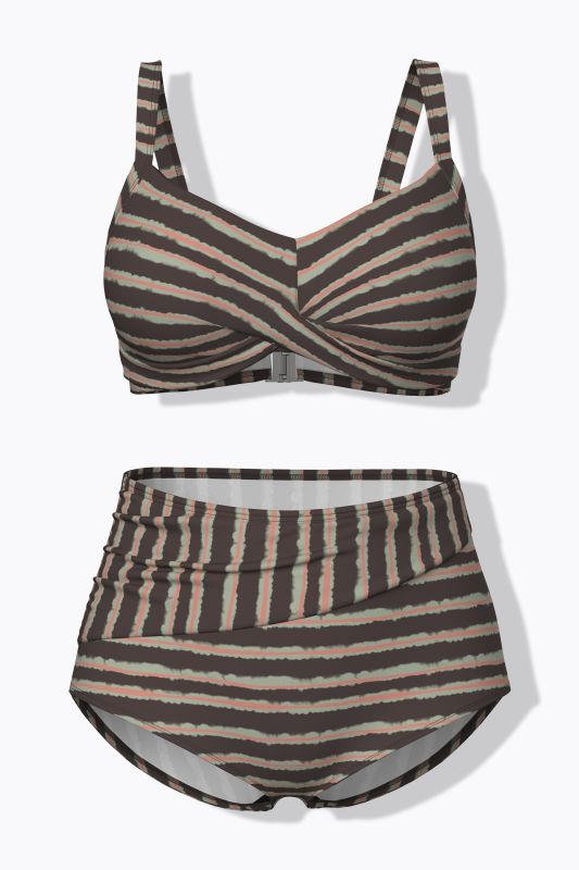 Bikini avec bonnets souples, drapé et jeu de rayures, matière recyclée
