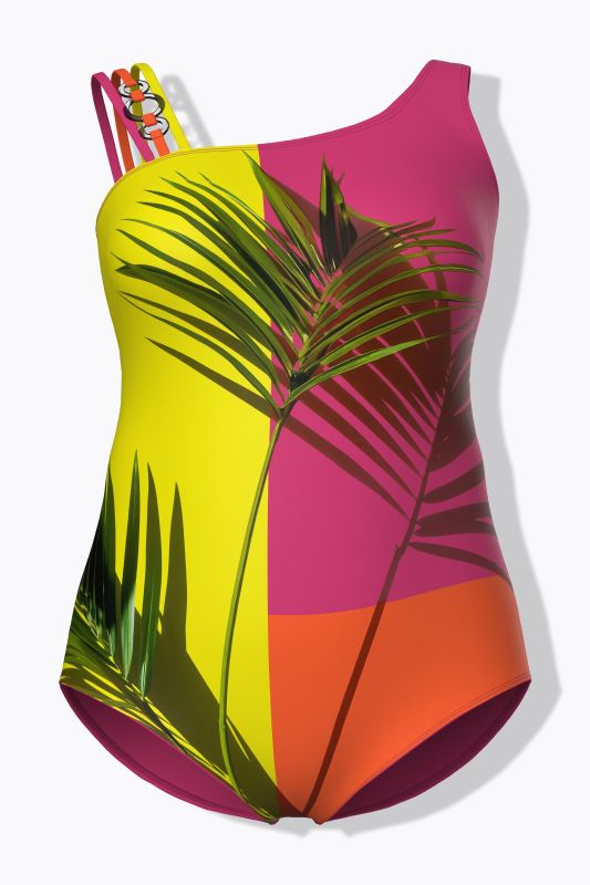 Maillot de bain à bonnets souples, motif palmier et bretelles triples, matière recyclée