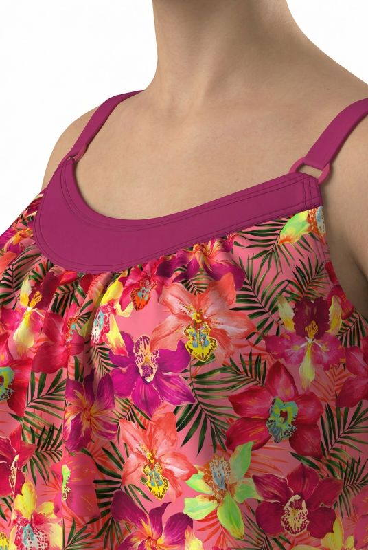 Tankini motif à fleurs, bonnets souples et base élastique