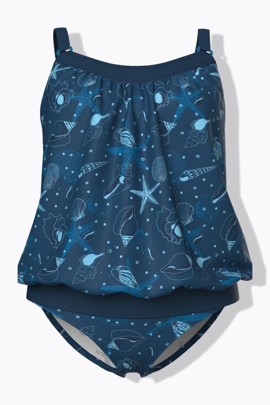 Tankini motif coquillages, bonnets souples et bretelles ajustables