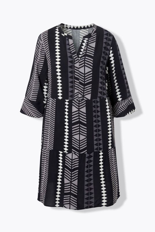 Robe imprimé graphique, col tunisien et manches 3/4