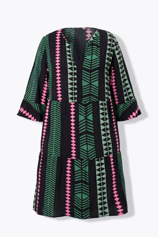 Robe imprimé graphique, col tunisien et manches 3/4