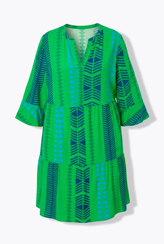 Robe imprimé graphique, col tunisien et manches 3/4