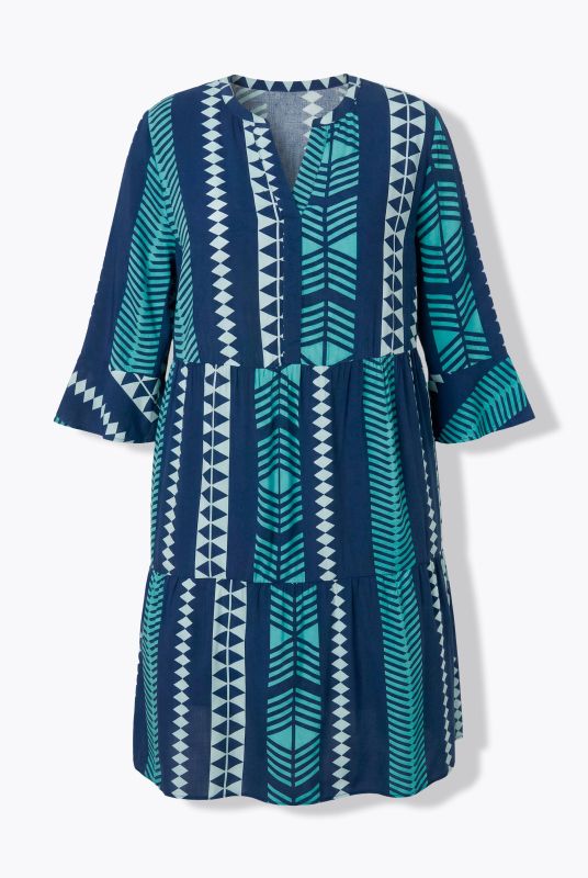 Robe imprimé graphique, col tunisien et manches 3/4