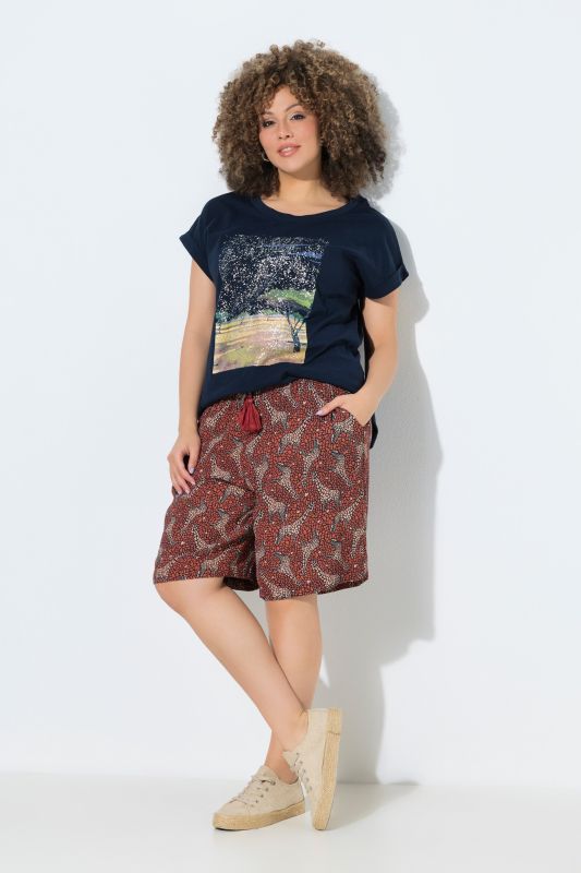 Bermuda à enfiler Rose, motif girafes, jambe large et taille élastique