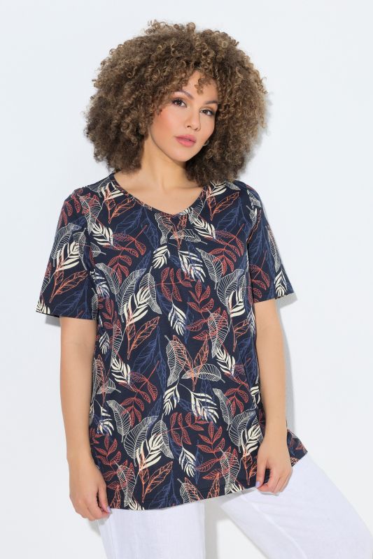 T-shirt motif feuilles, petits plis, décolleté en V et manches courtes, coupe évasée