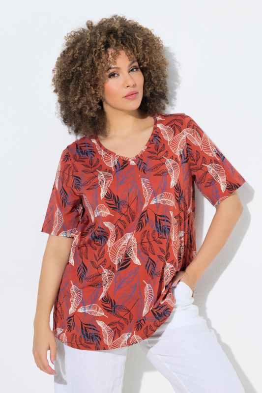 T-shirt motif feuilles, petits plis, décolleté en V et manches courtes, coupe évasée