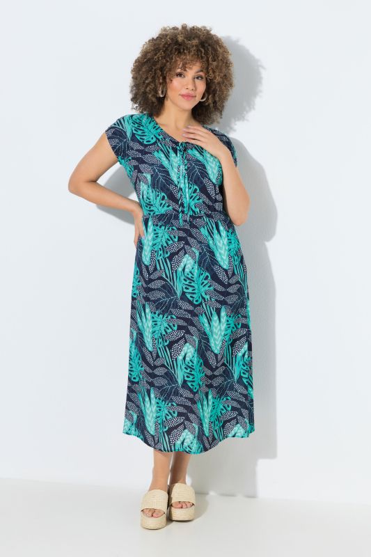 Robe midi motif à feuilles, manches courtes et décolleté en V, coupe évasée