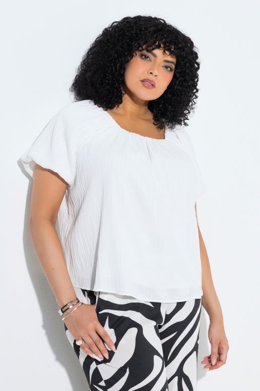 Blouse oversize doublée, décolleté Carmen et manches courtes