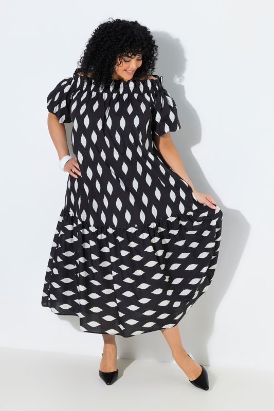 Robe maxi motif alvéoles, décolleté Carmen et manches courtes ballon