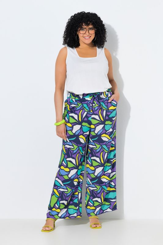 Pantalon motif feuilles, jambe droite et large, taille élastique