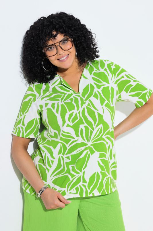 Blouse motif feuilles, décolleté en V et manches courtes