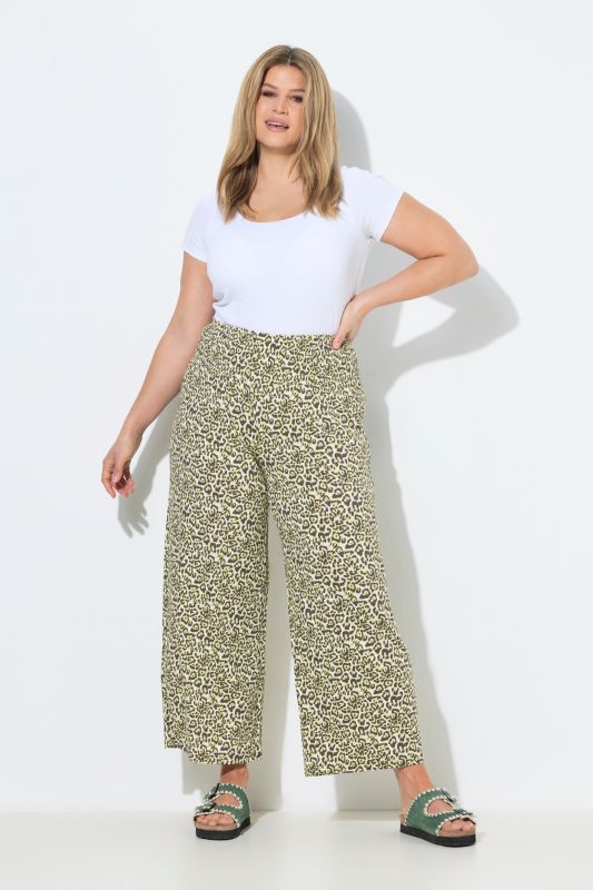 Pantalon Marlène, motif léopard, jambe large et taille élastique