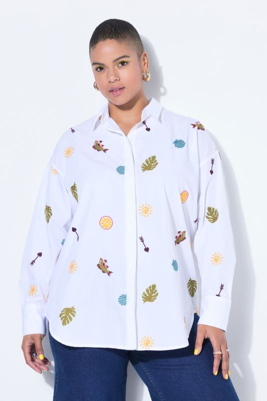 Chemisier coupe oversize, broderie all-over et manches longues