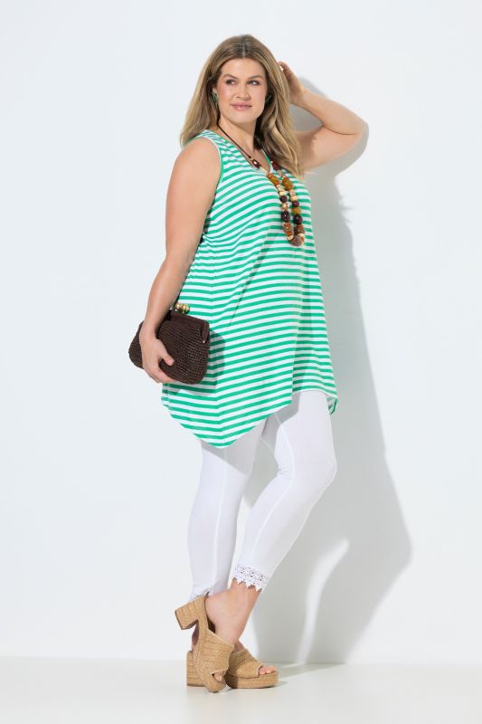 Top rayé long, décolleté en V et coupe évasée, sans manches