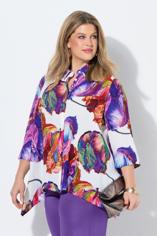 Chemisier motif aquarelle, col chemise et manches 3/4, coupe évasée