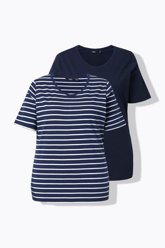 T-shirts en lot de 2, uni/rayures, décolleté en V et manches courtes