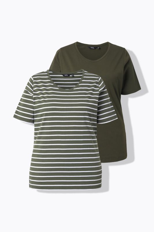 T-shirts en lot de 2, uni/rayures, décolleté en V et manches courtes