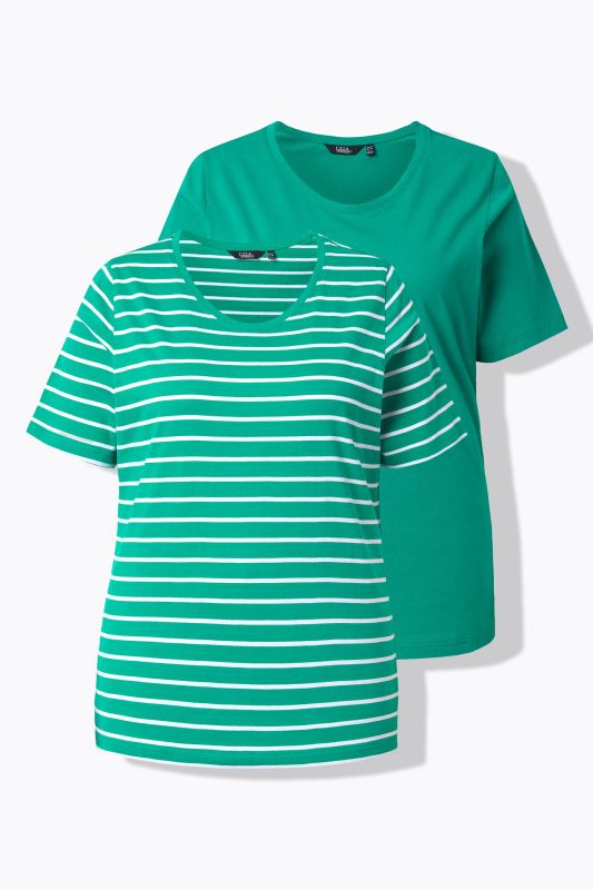 T-shirts en lot de 2, uni/rayures, décolleté en V et manches courtes