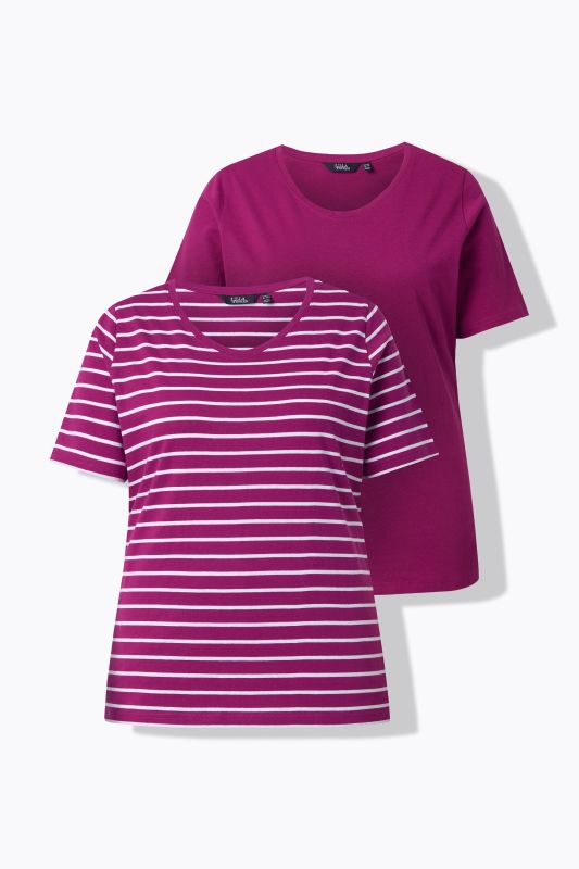 T-shirts en lot de 2, uni/rayures, décolleté en V et manches courtes