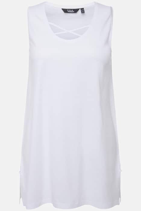 Débardeur long, coupe évasée. Décolleté rond à rubans fantaisie. Bretelles larges