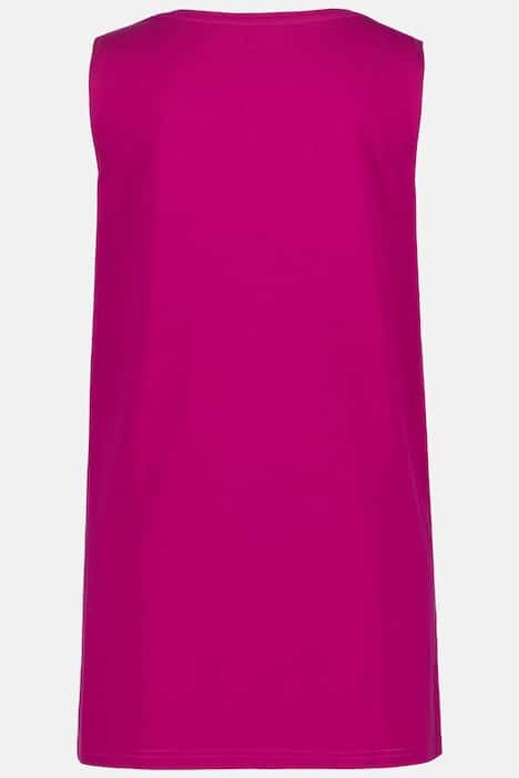 Débardeur long, coupe évasée. Décolleté rond à rubans fantaisie. Bretelles larges