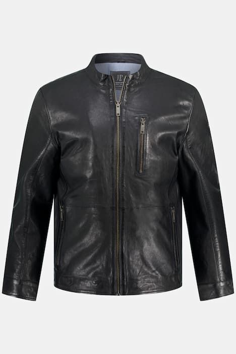 Veste de motard en cuir. Col montant et fermeture zippée